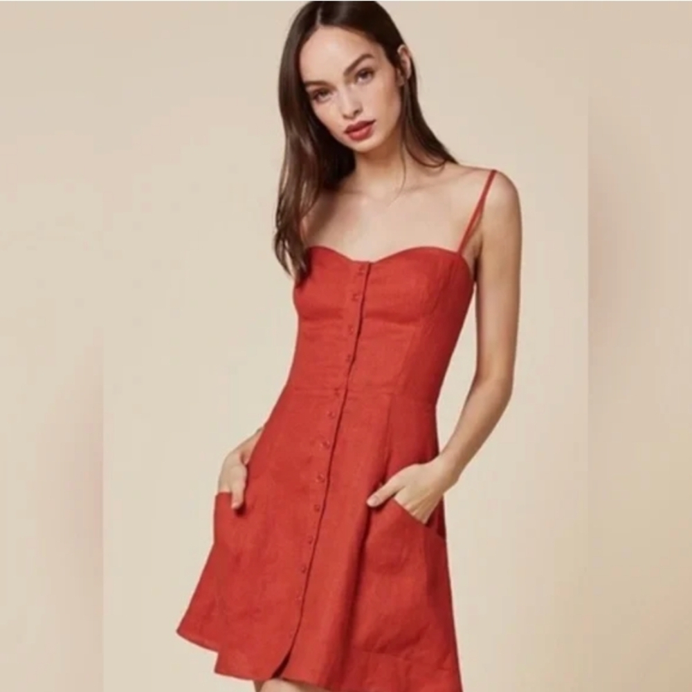 Reformation Amery Red Mini Dress Sz 4 Sweetheart Neckline Micro Pockets